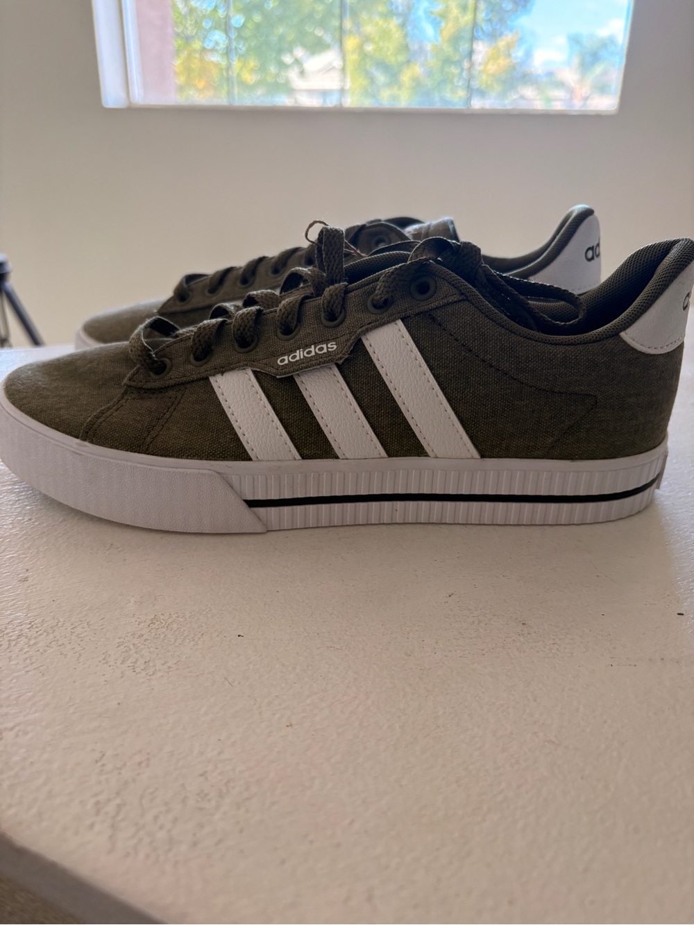 adidas Women’s Olive Green Canvas Sneakers with White Stripes - NEW